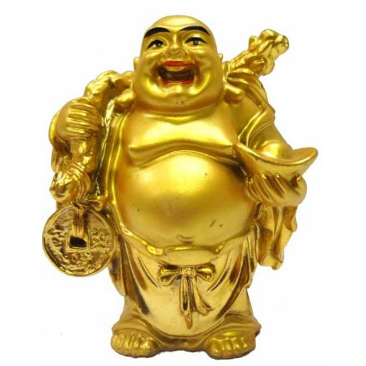 (A03) Golden Laughing Buddha Holding Ingot & Carrying Wealth Bag ...
